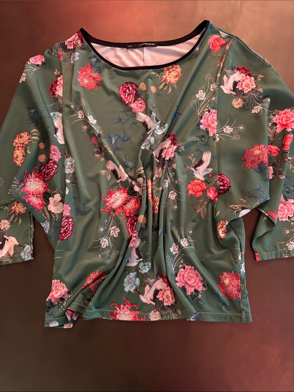 Sean Collection Green Floral Twist-Front Tunic with Pink Accents